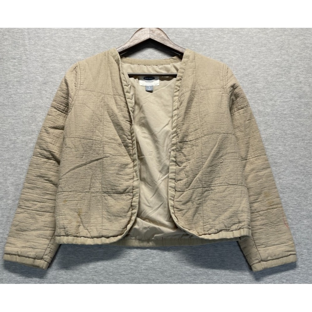 Old Navy Cropped Quilted Jacket Womens Small Beige Cotton Long Sleeve Open Front